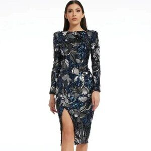Dress The Population Blue/Silver Floral Sequin Natalie - Bodycon, Low Back XXL
